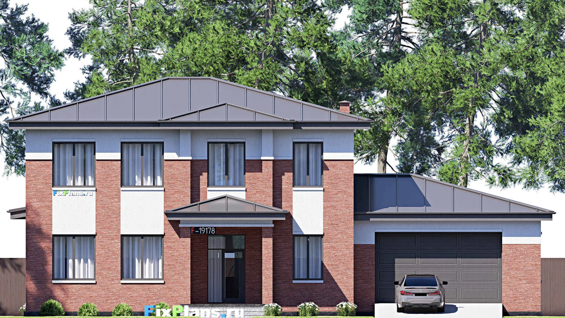F-19178 - Планы двухэтажного дома 18 на 21, площадью 320 м² с гаражом на 2 машины и 4 спальнями