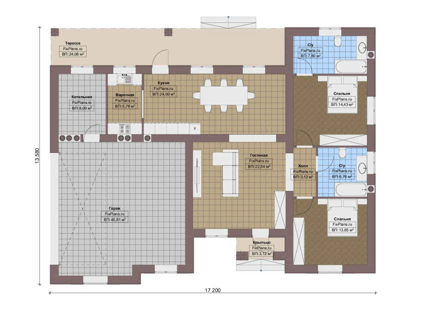 F-16721 - План одноэтажного дома 14 на 18, площадью 180 м² с террасой, гаражом на 2 машины и 2 спальнями