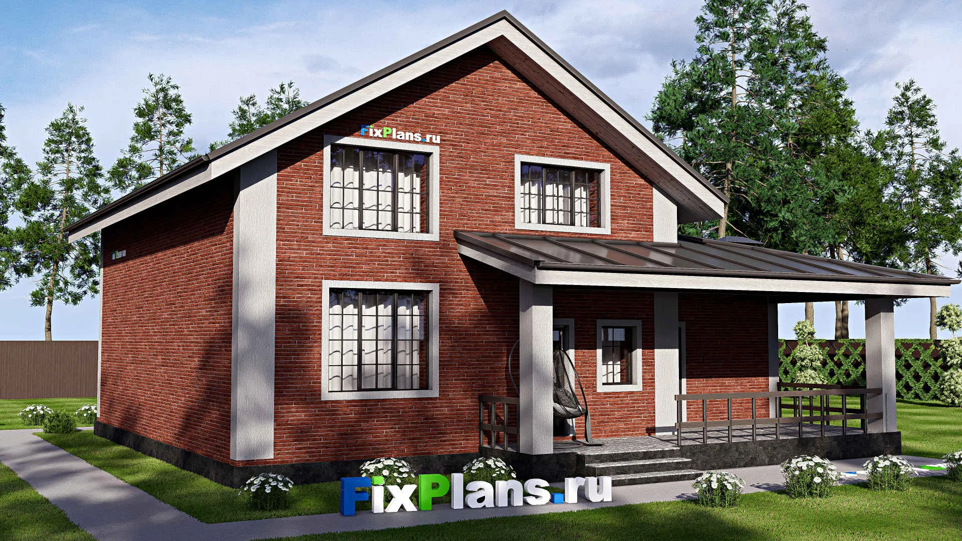 F-18071 - Проект дома с мансардой 14 на 14, площадью 200 м² с террасой, балконом, гаражом на 1 машину и 3 спальнями