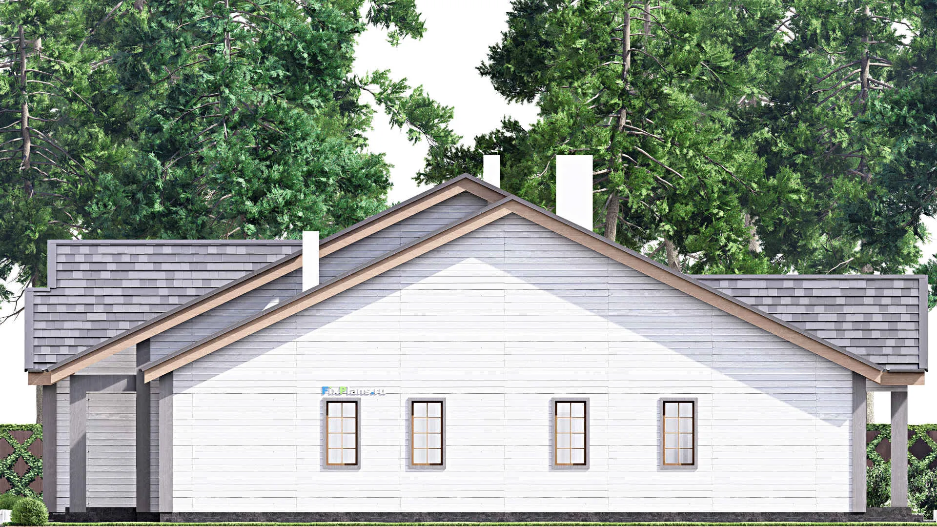 F-16253 - План одноэтажного дома 17 на 21, площадью 500 м² с террасой, гаражом на 2 машины и 3 спальнями