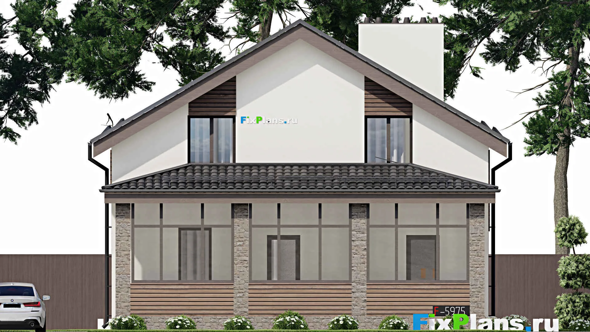 F-5975 - Проект дома с мансардой 11 на 11, площадью 210 м² с террасой, балконом и 3 спальнями