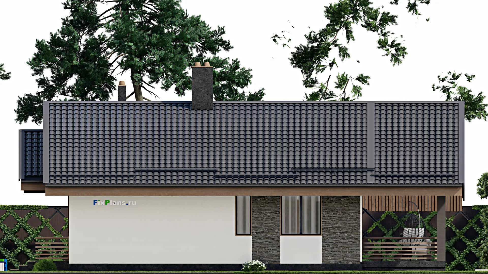 F-5174 - Проект одноэтажного дома 11 на 11, площадью 140 м² с террасой и 1 спальнями