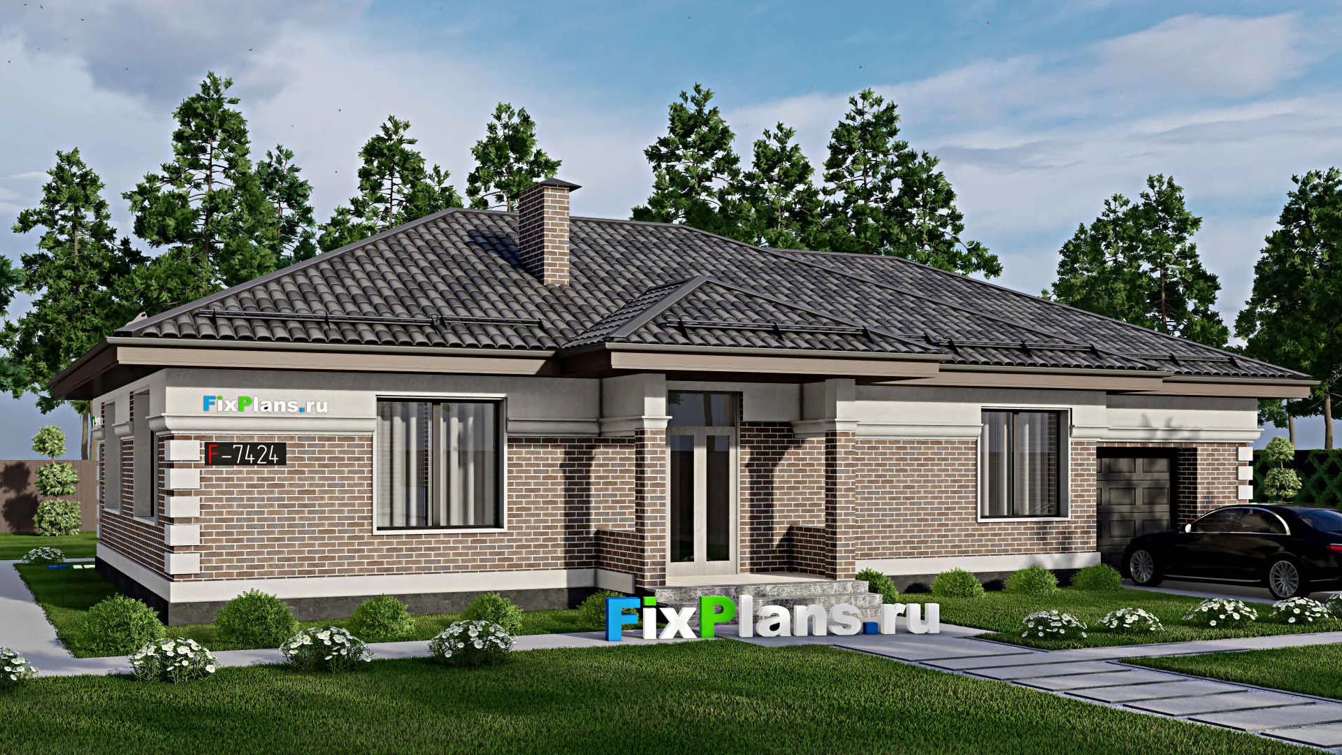 F-7424 - Проект одноэтажного дома 14 на 19, площадью 170 м² с террасой, гаражом на 1 машину и 2 спальнями