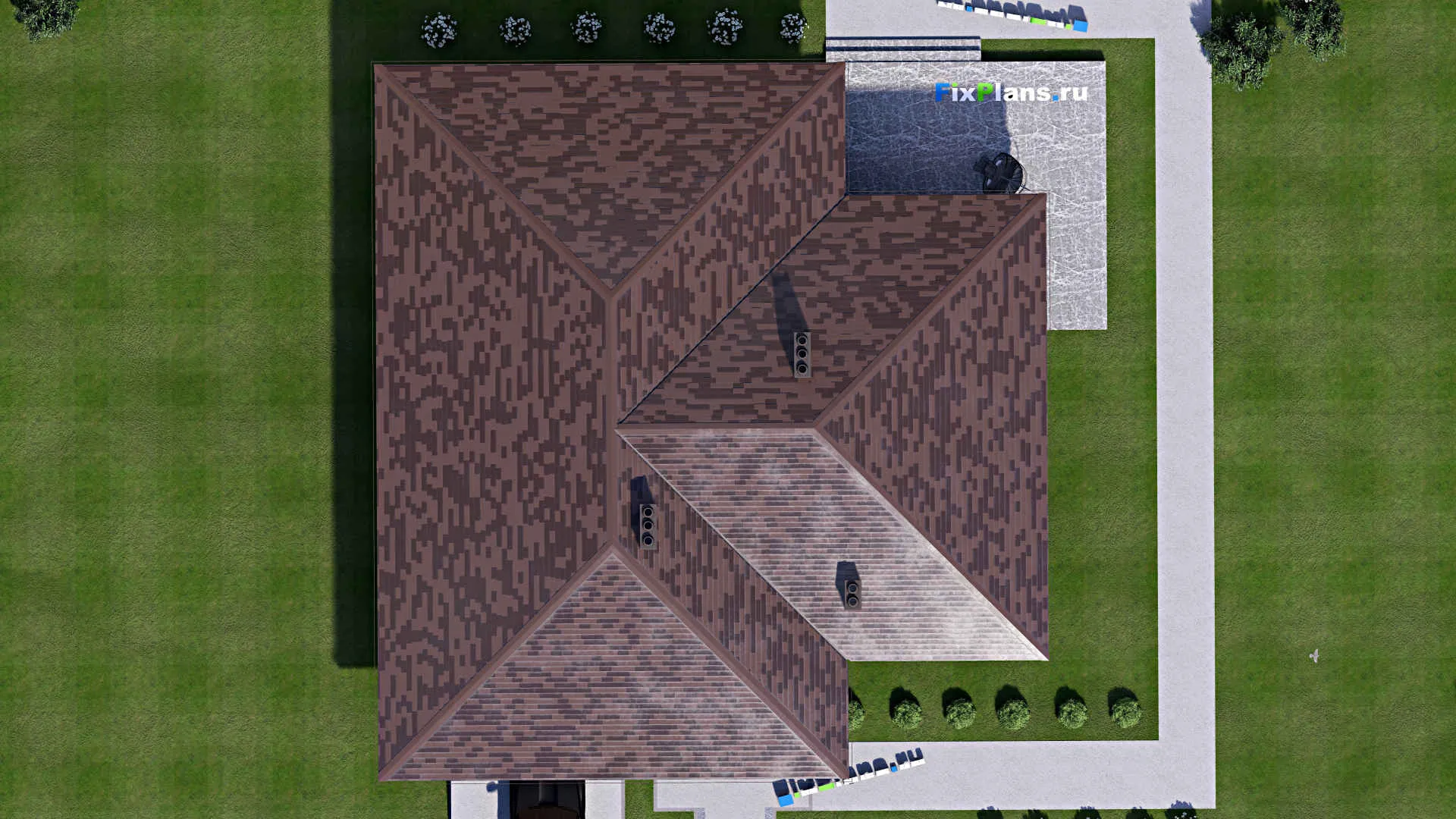 F-15902 - План одноэтажного дома 19 на 19, площадью 250 м² с террасой, гаражом на 1 машину и 3 спальнями