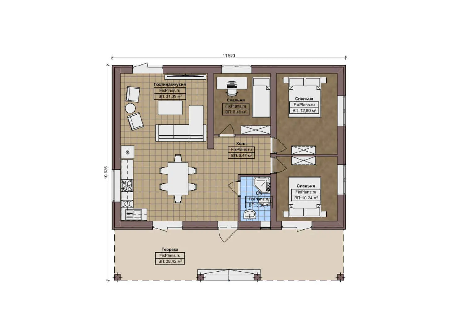 F-11942 - План одноэтажного дома 11 на 12, площадью 110 м² с 3 спальнями