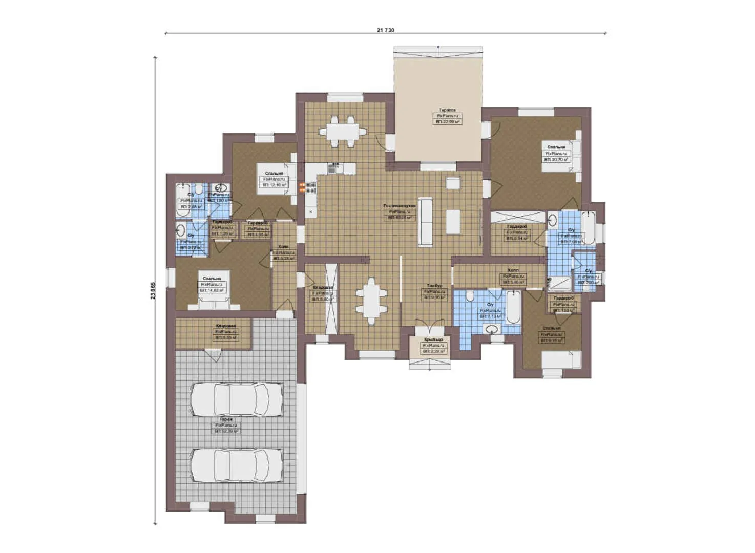 F-17306 - План одноэтажного дома 22 на 24, площадью 270 м² с террасой, гаражом на 2 машины и 4 спальнями