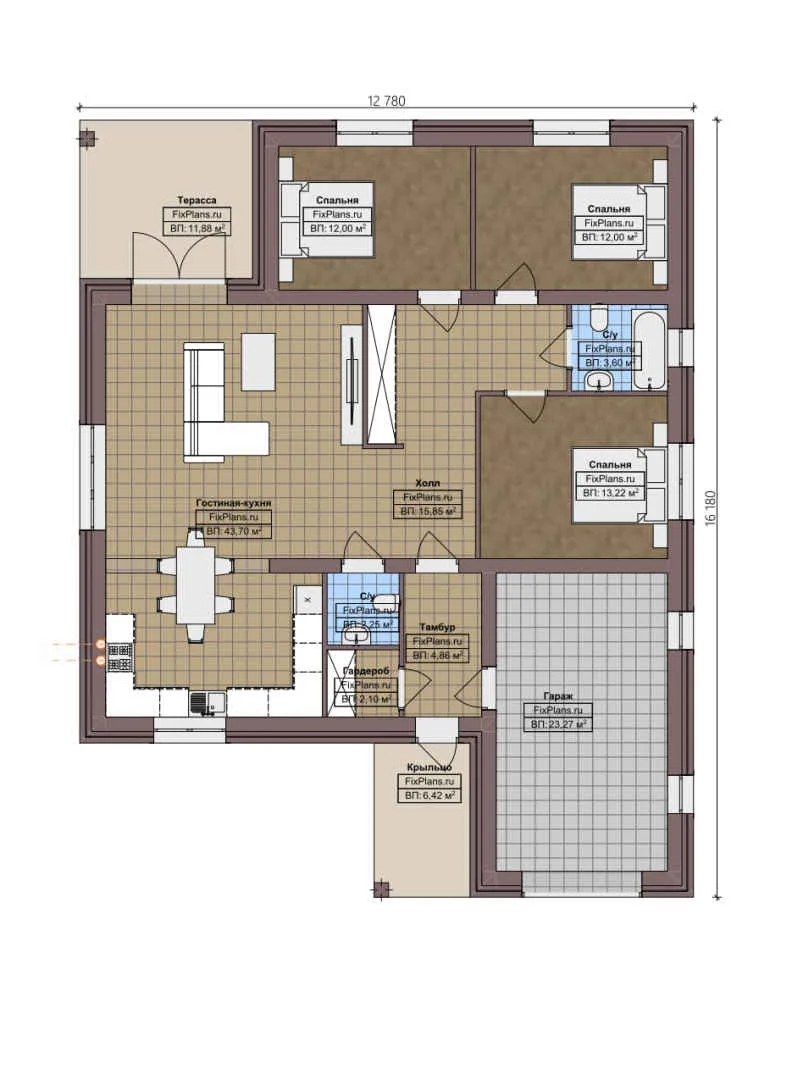 F-4031 - План одноэтажного дома 13 на 17, площадью 160 м² с террасой, гаражом на 1 машину и 3 спальнями