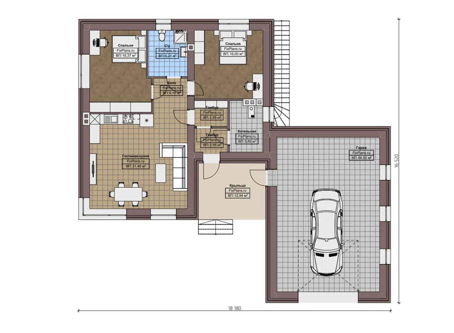 F-2456 - План одноэтажного дома 17 на 19, площадью 160 м² с гаражом на 2 машины и 2 спальнями