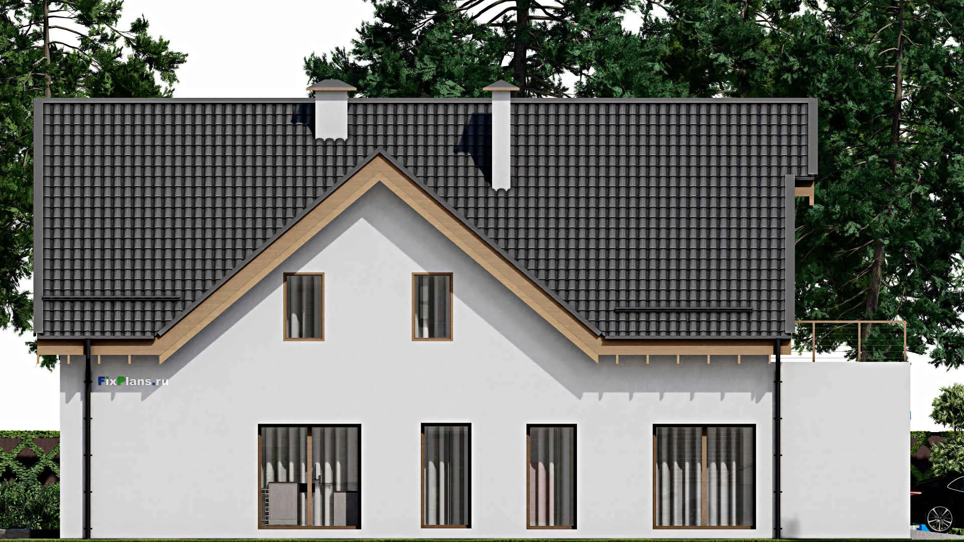 F-2924 - Проект дома с мансардой 11 на 19, площадью 240 м² с террасой, балконом, гаражом на 1 машину и 3 спальнями
