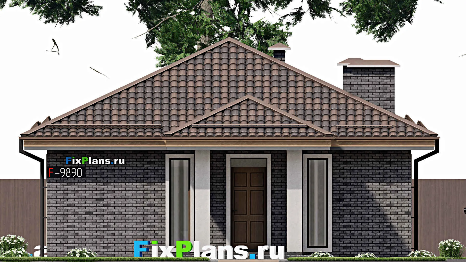 F-9890 - План одноэтажного дома 10 на 14, площадью 90 м² с террасой и 3 спальнями