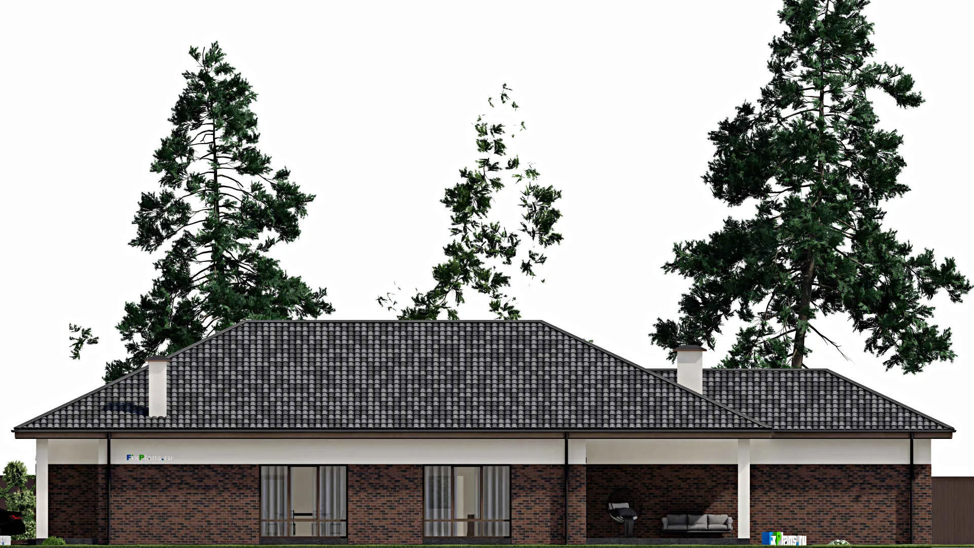 F-6506 - Проект одноэтажного дома 15 на 31, площадью 330 м² с террасой, гаражом на 2 машины и 3 спальнями