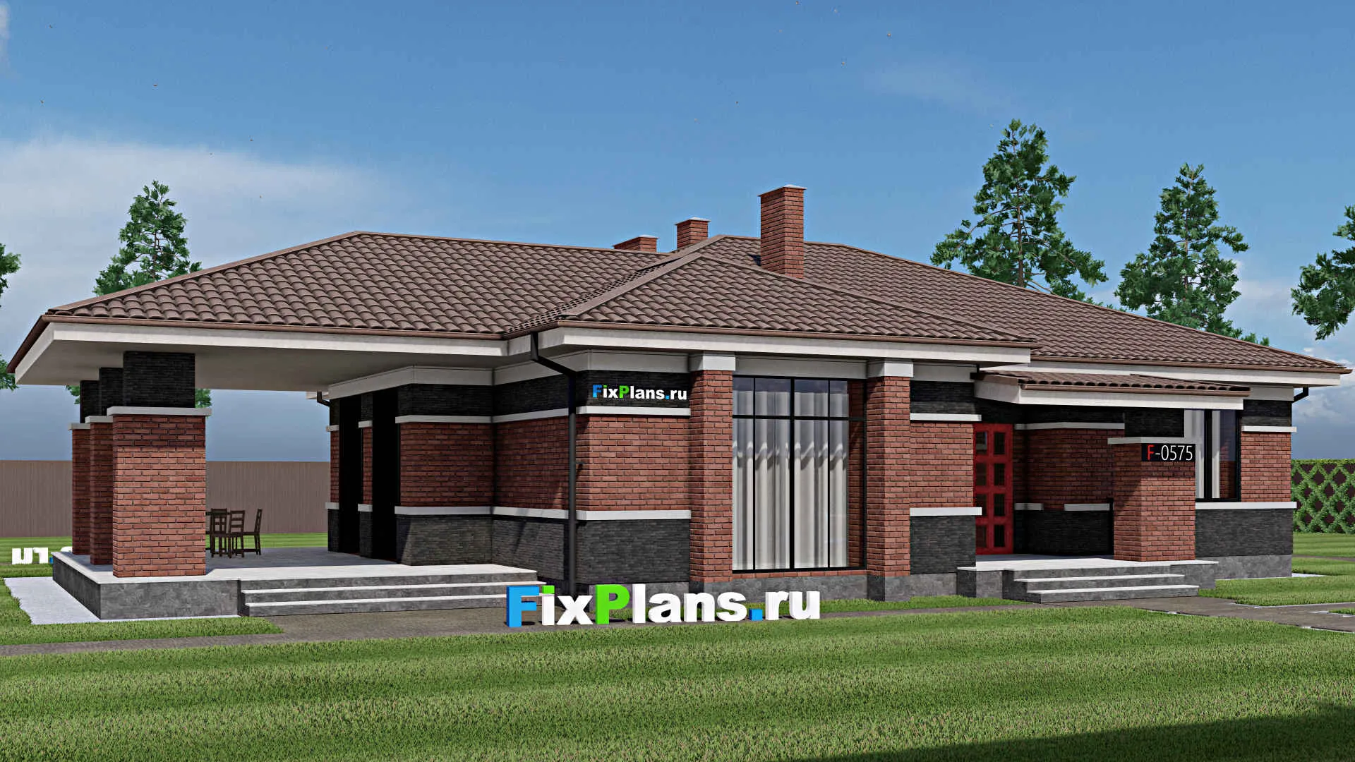 F-0575 - Проект одноэтажного дома 15 на 18, площадью 220 м² с террасой и 3 спальнями