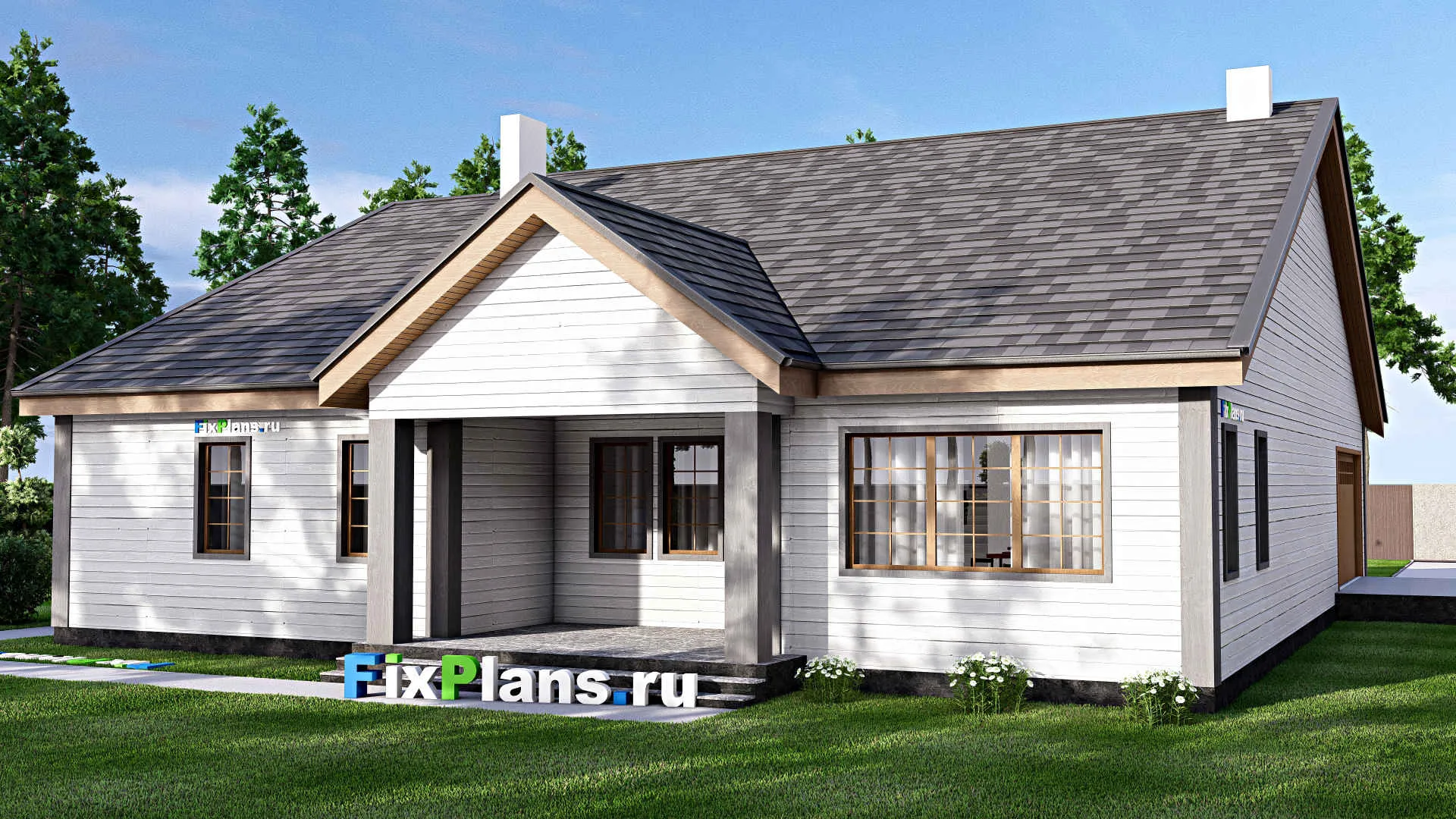 F-16253 - План одноэтажного дома 17 на 21, площадью 500 м² с террасой, гаражом на 2 машины и 3 спальнями