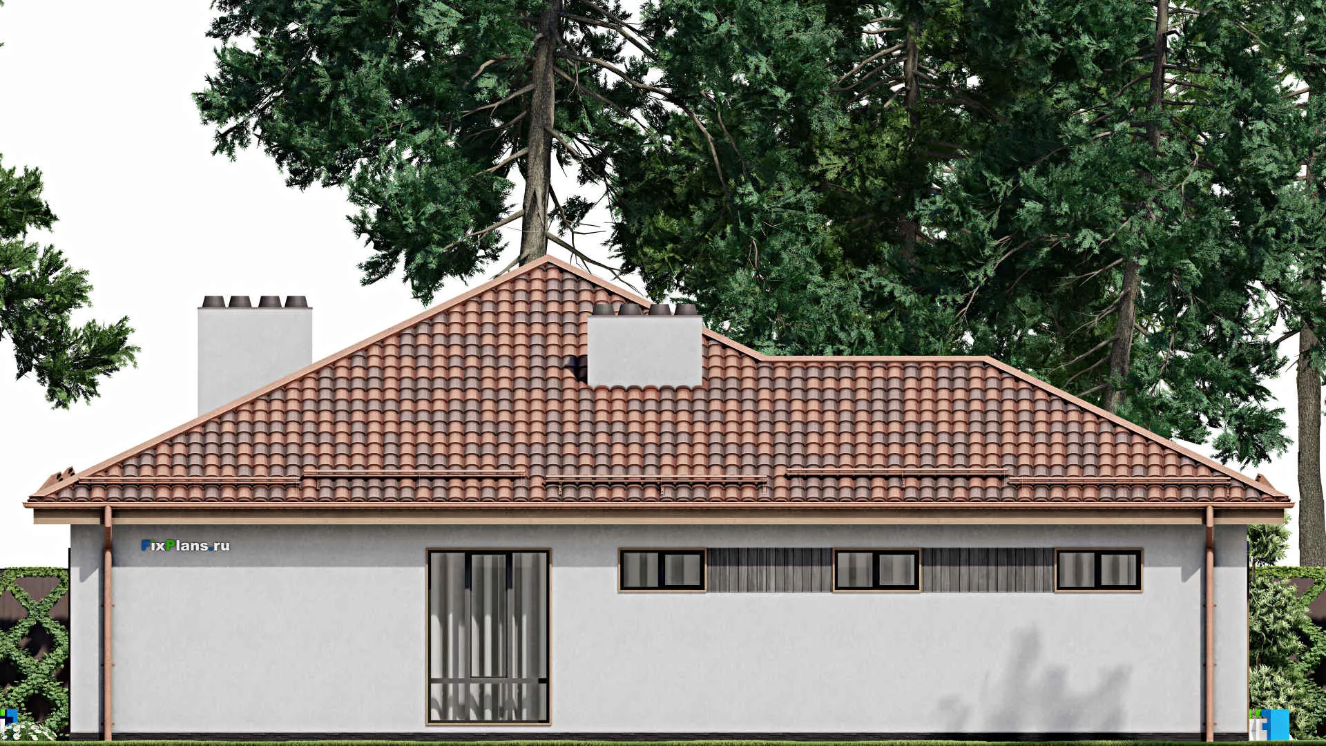 F-8009 - Проект одноэтажного дома 14 на 16, площадью 170 м² с террасой, гаражом на 2 машины и 2 спальнями