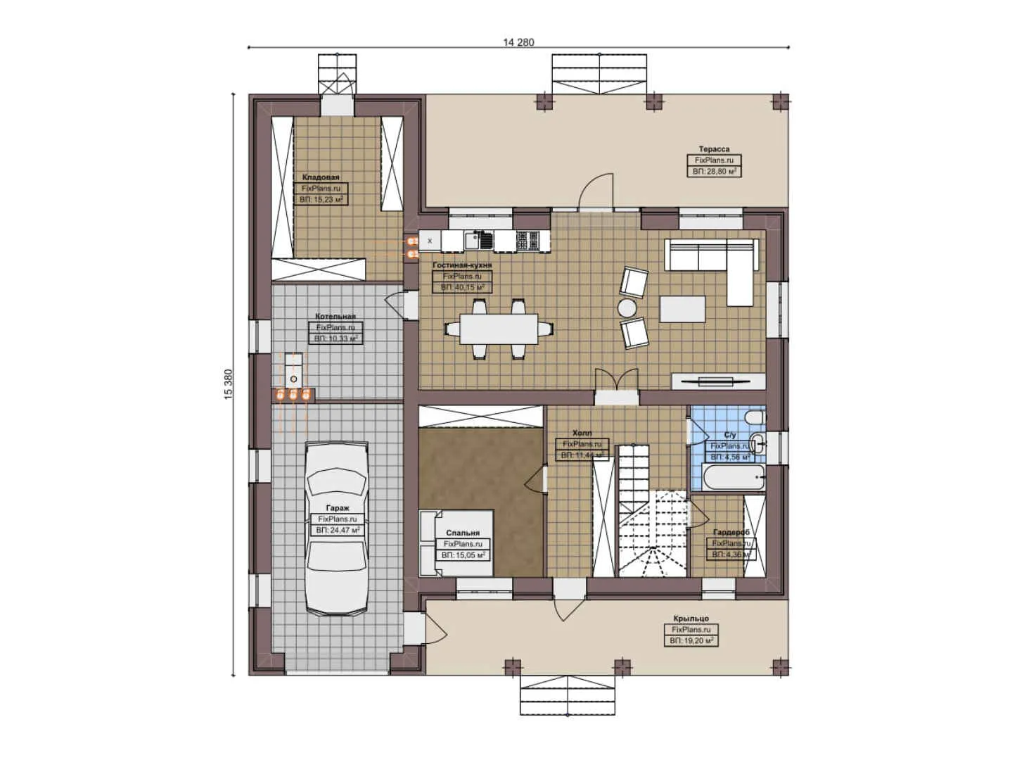 F-6803 - Планы двухэтажного дома 15 на 16, площадью 250 м² с террасой, гаражом на 1 машину и 4 спальнями
