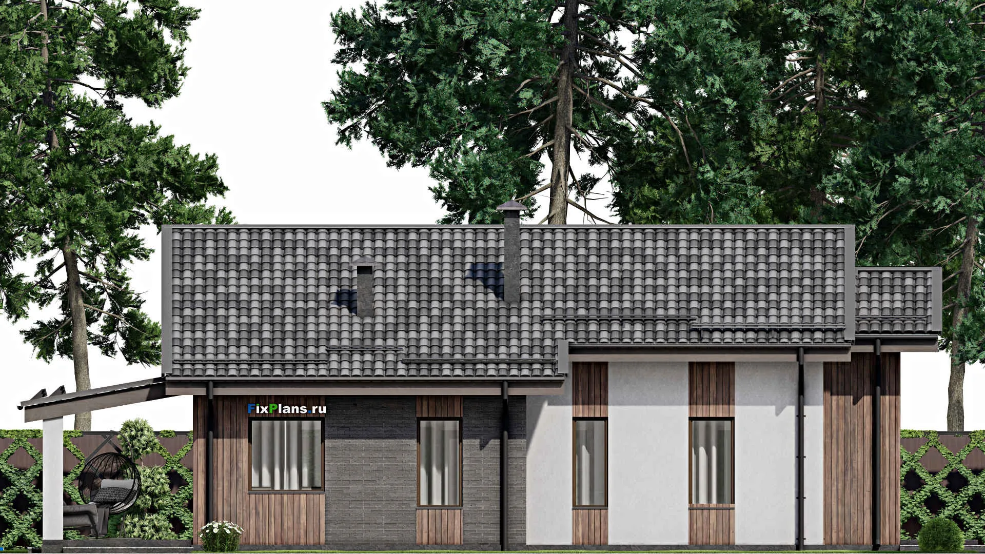 F-6299 - Проект одноэтажного дома 11 на 14, площадью 140 м² с террасой и 3 спальнями