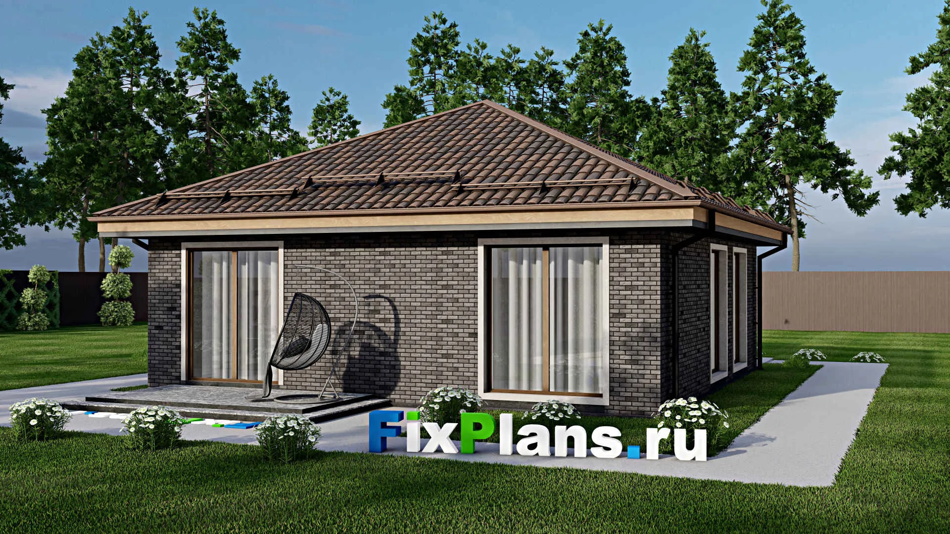 F-9890 - План одноэтажного дома 10 на 14, площадью 90 м² с террасой и 3 спальнями