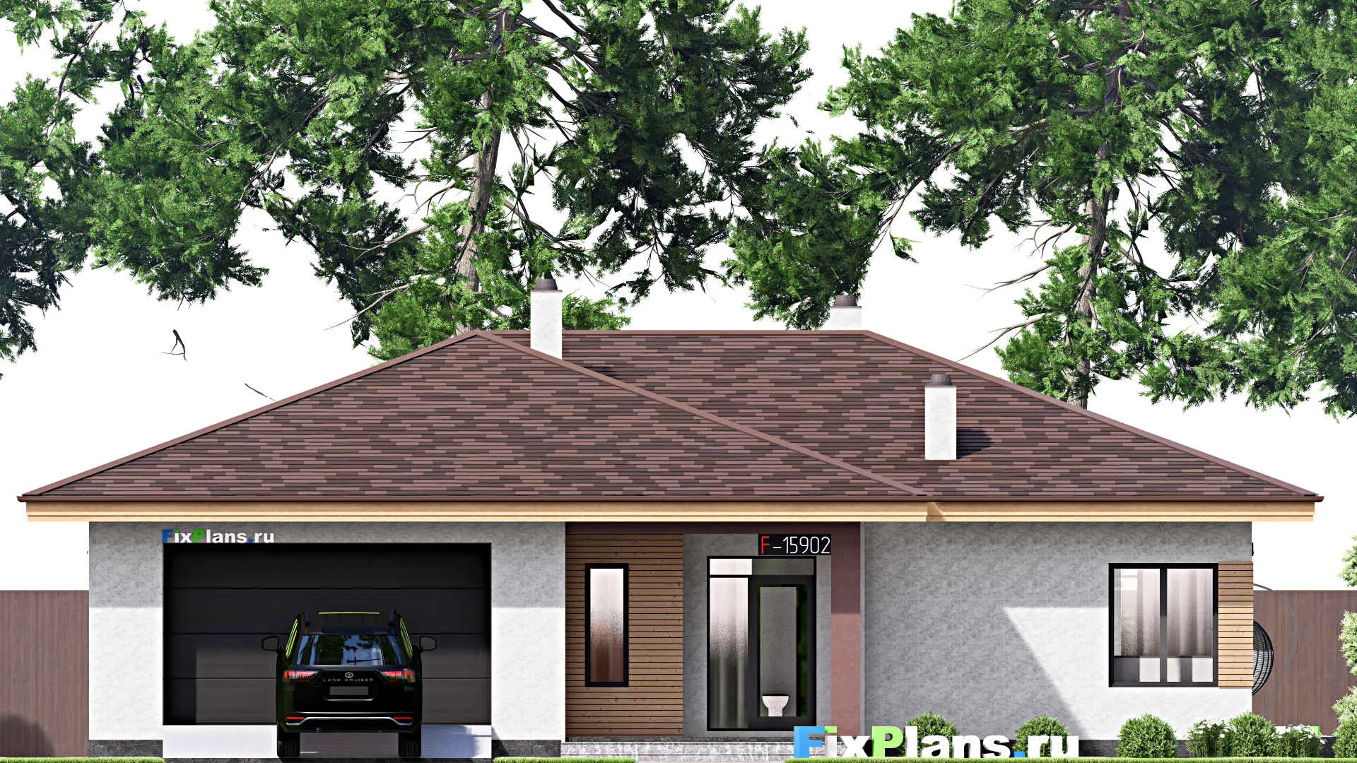 F-15902 - План одноэтажного дома 19 на 19, площадью 250 м² с террасой, гаражом на 1 машину и 3 спальнями