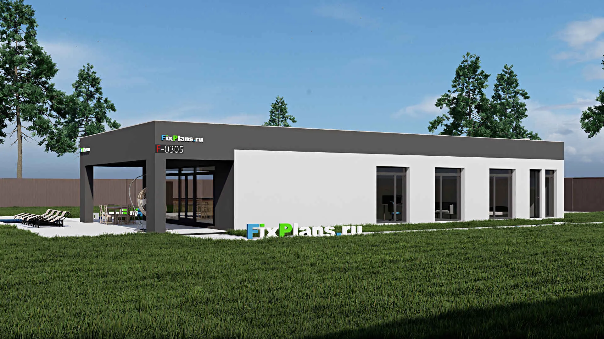 F-0305 - Проект одноэтажного дома 11 на 19, площадью 220 м² с террасой и 4 спальнями