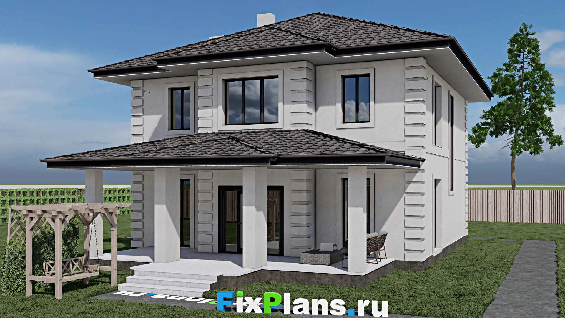 F-0863 - Проект двухэтажного дома 11 на 12, площадью 200 м² с террасой и 4 спальнями