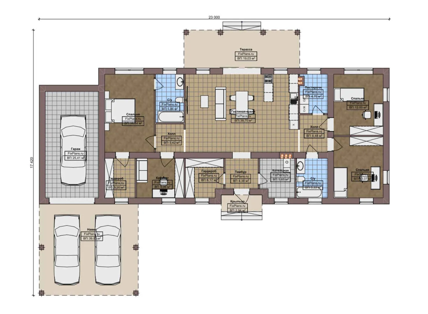 F-10709 - План одноэтажного дома 18 на 23, площадью 230 м² с террасой, гаражом на 1 машину и 3 спальнями