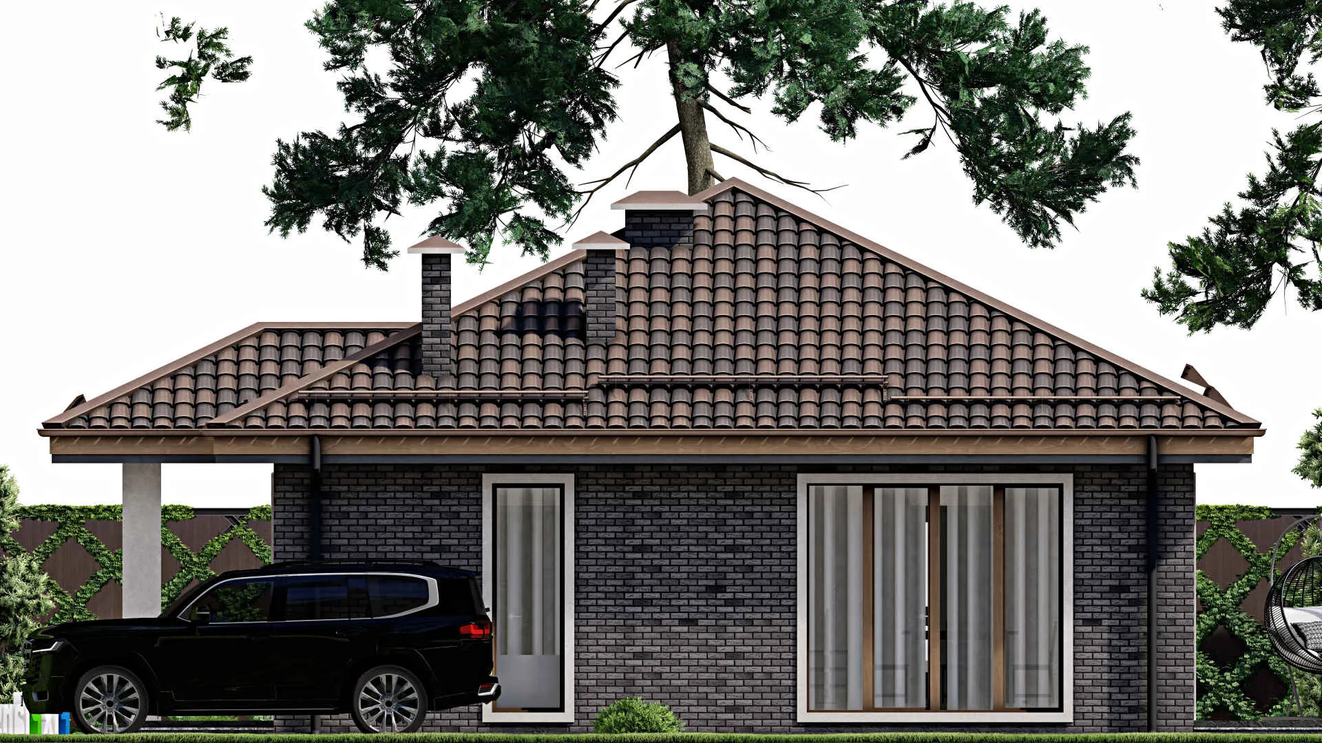 F-9890 - План одноэтажного дома 10 на 14, площадью 90 м² с террасой и 3 спальнями