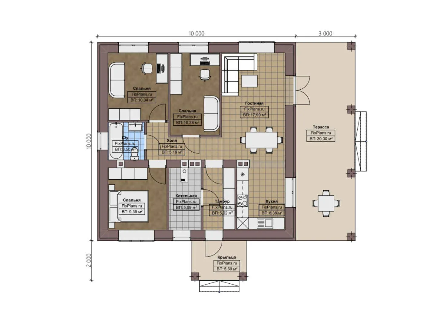 F-1187 - План одноэтажного дома 10 на 10, площадью 120 м² с террасой и 3 спальнями
