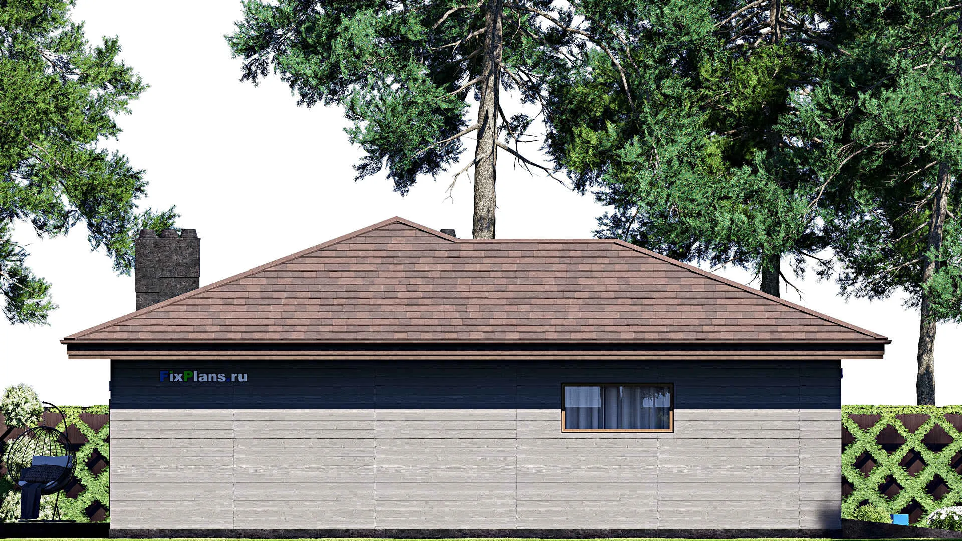 F-17504 - Проект одноэтажного дома 16 на 19, площадью 190 м² с террасой, гаражом на 2 машины и 3 спальнями