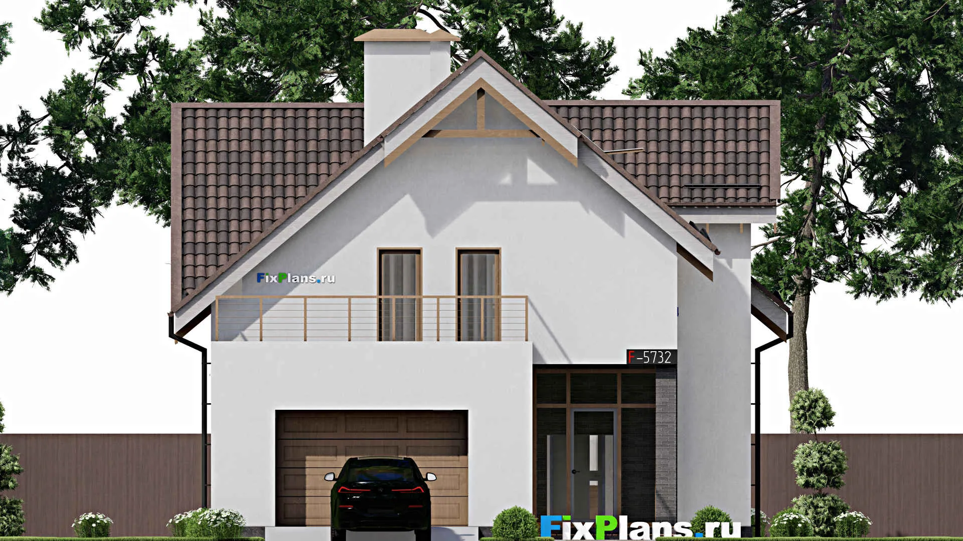 F-5732 - Проект дома с мансардой 11 на 20, площадью 240 м² с террасой, балконом, гаражом на 1 машину и 3 спальнями