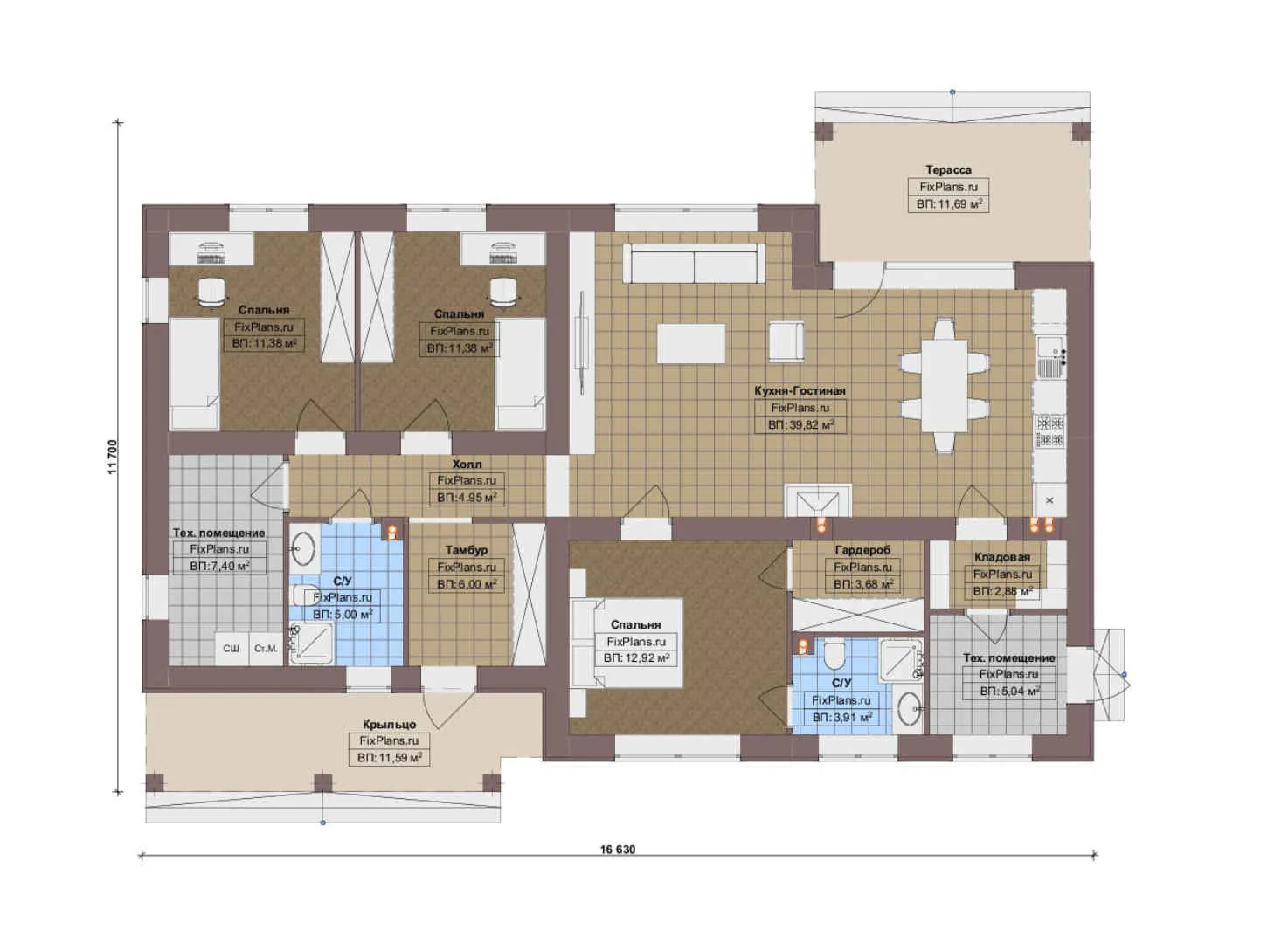 F-18035 - План одноэтажного дома 12 на 17, площадью 140 м² с террасой и 3 спальнями