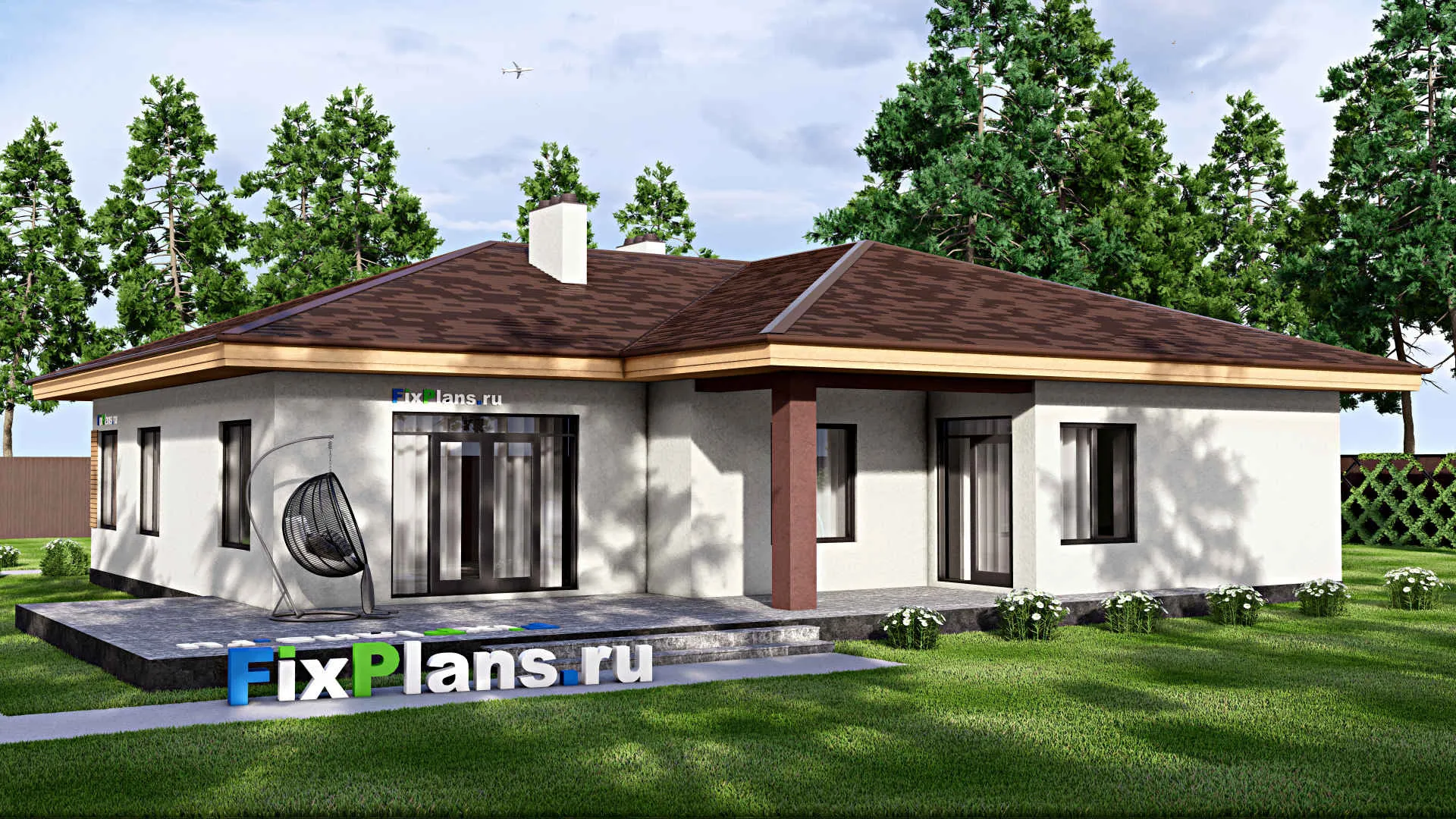F-15902 - План одноэтажного дома 19 на 19, площадью 250 м² с террасой, гаражом на 1 машину и 3 спальнями