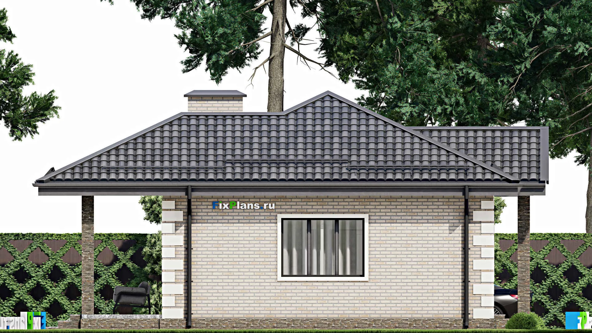 F-5768 - План одноэтажного дома 9 на 12, площадью 80 м² с террасой и 2 спальнями