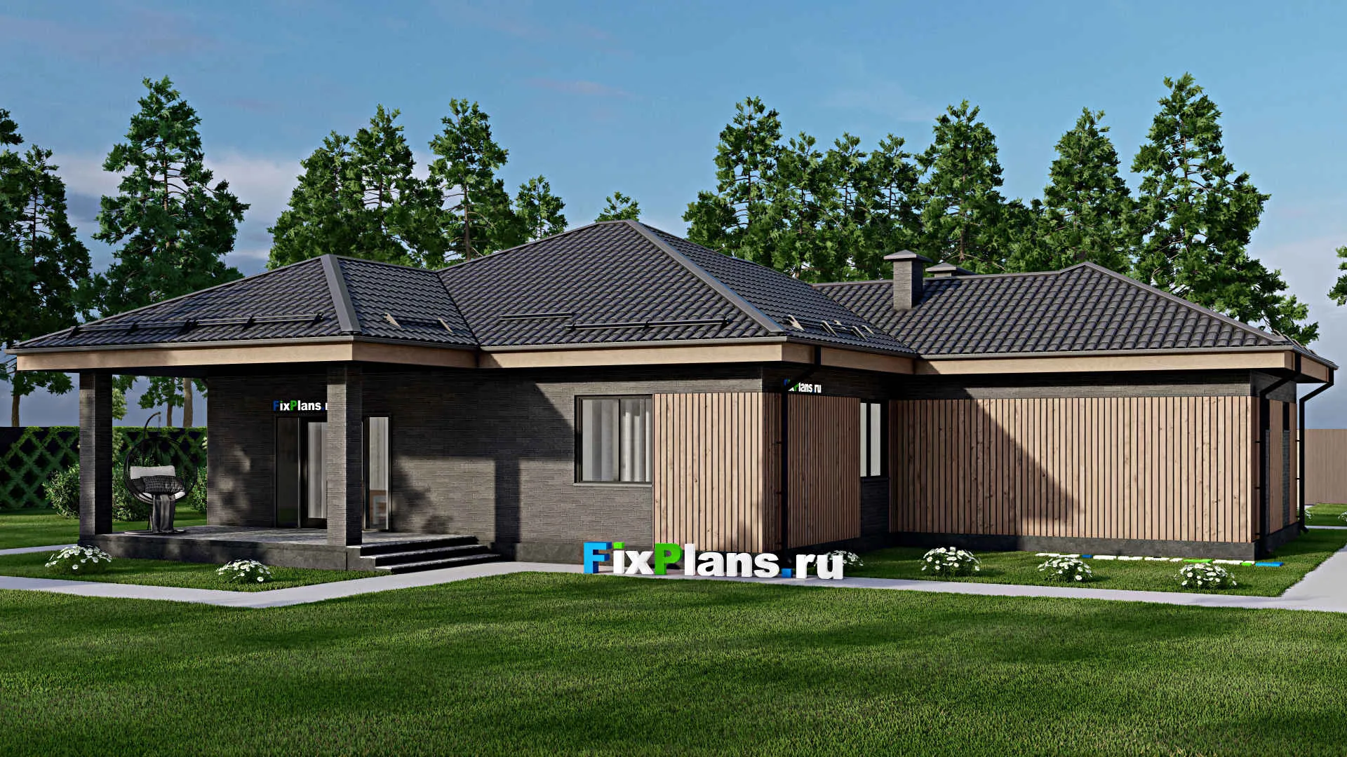 F-3707 - Проект одноэтажного дома 14 на 19, площадью 170 м² с террасой, гаражом на 2 машины и 2 спальнями