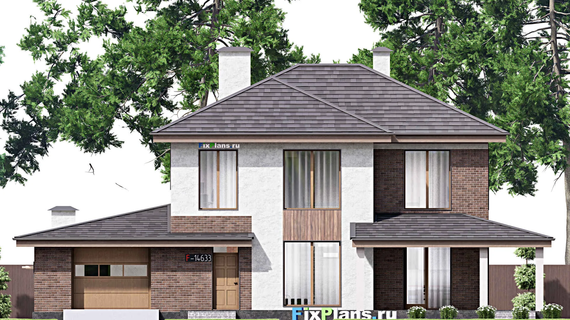 F-14633 - Проект двухэтажного дома 14 на 20, площадью 250 м² с террасой, баней, гаражом на 1 машину и 4 спальнями