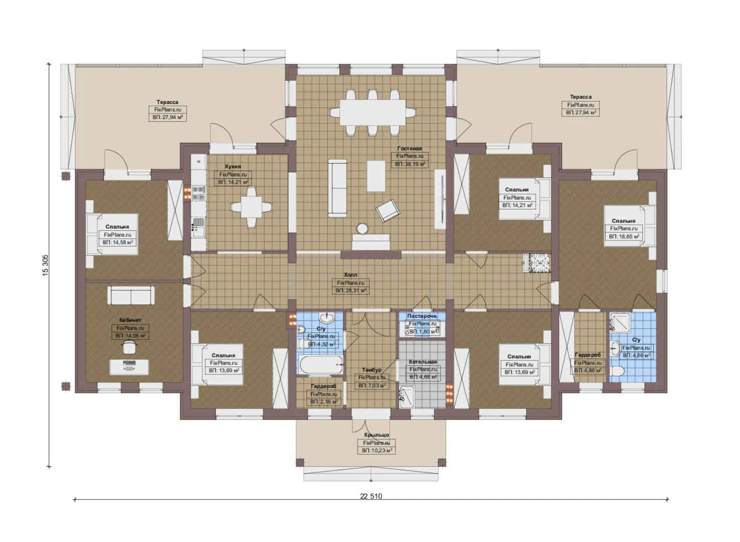 F-15182 - План одноэтажного дома 16 на 23, площадью 270 м² с террасой и 5 спальнями