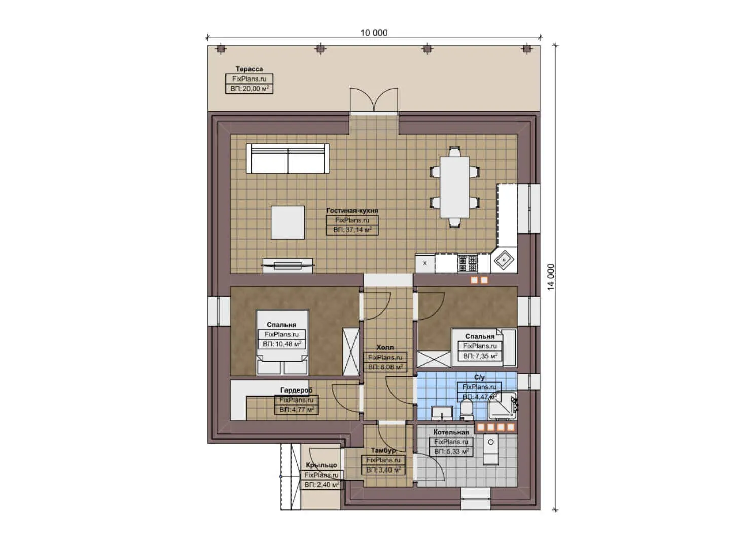 F-7586 - План одноэтажного дома 10 на 14, площадью 110 м² с террасой и 2 спальнями