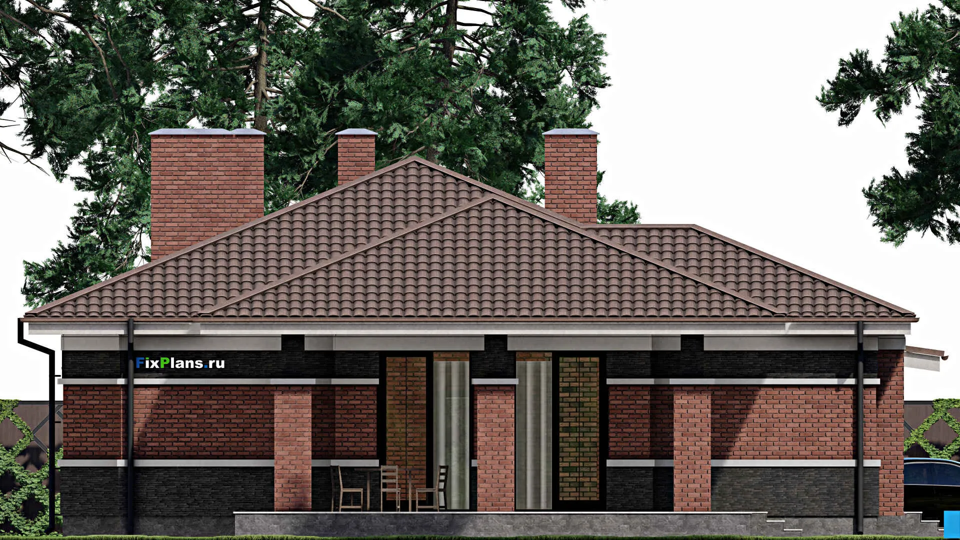 F-0575 - Проект одноэтажного дома 15 на 18, площадью 220 м² с террасой и 3 спальнями