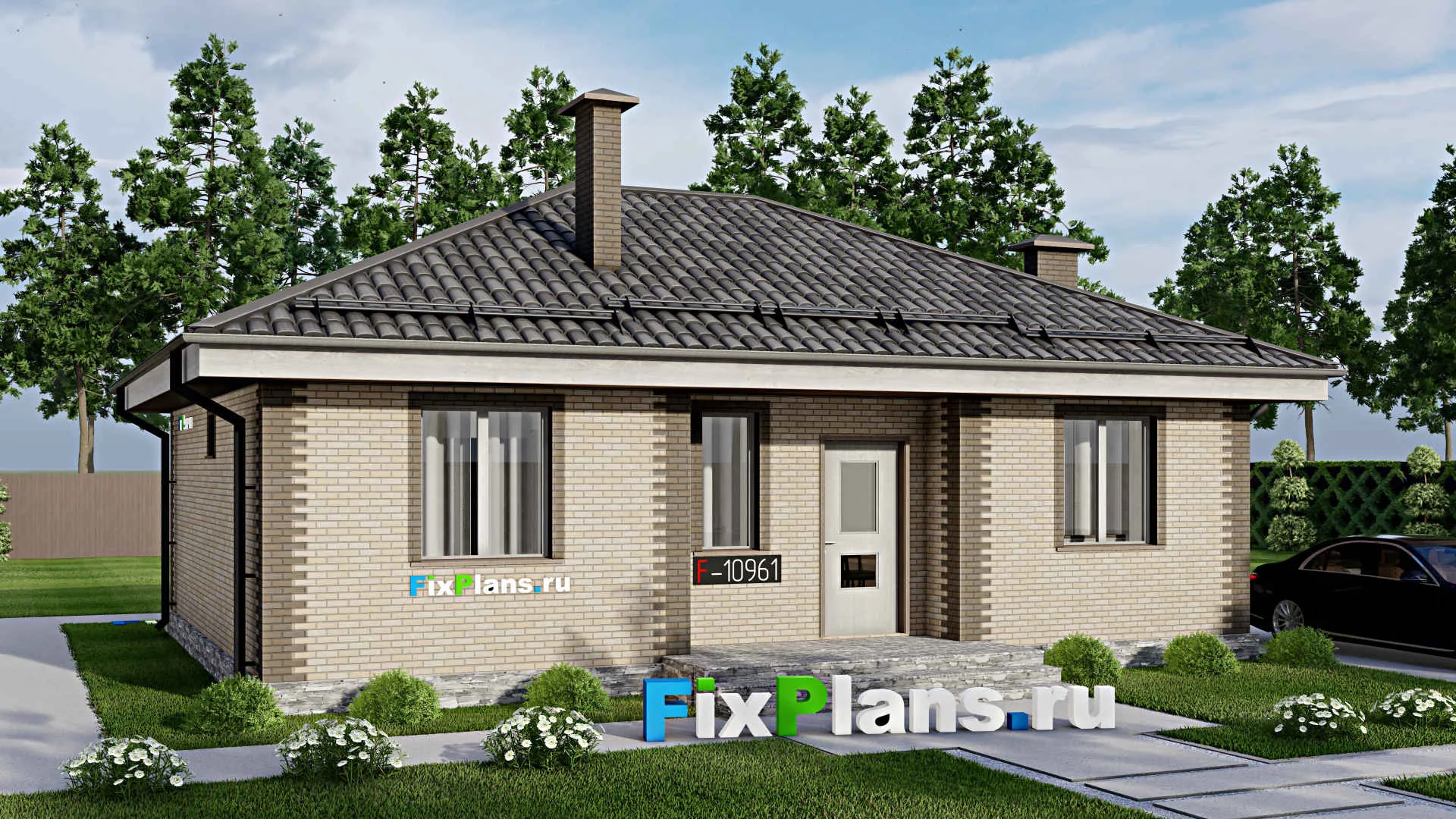 F-10961 - Проект одноэтажного дома 10 на 11, площадью 80 м² с 3 спальнями