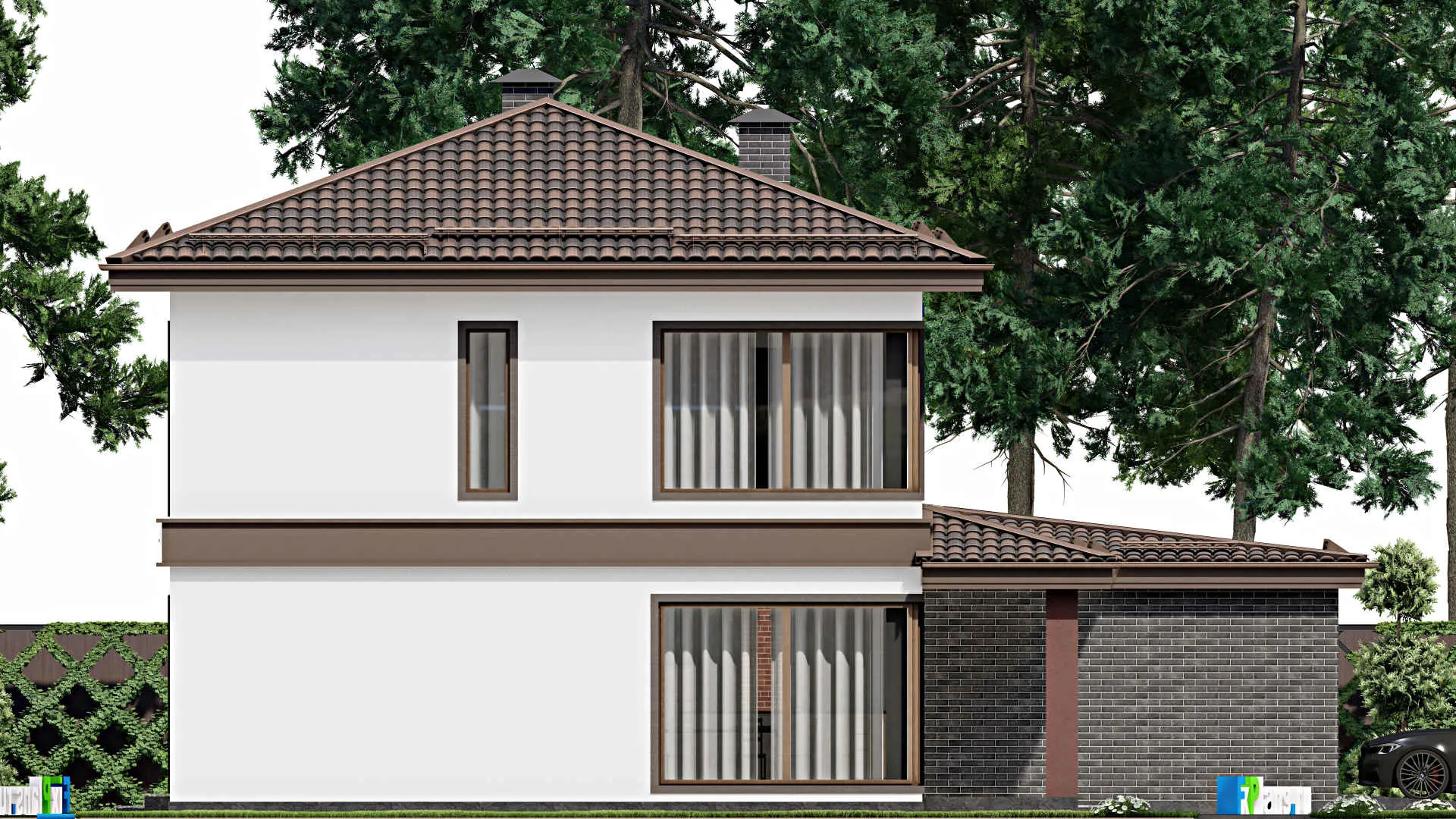 F-7946 - Проект двухэтажного дома 15 на 18, площадью 310 м² с террасой, баней, гаражом на 2 машины и 2 спальнями