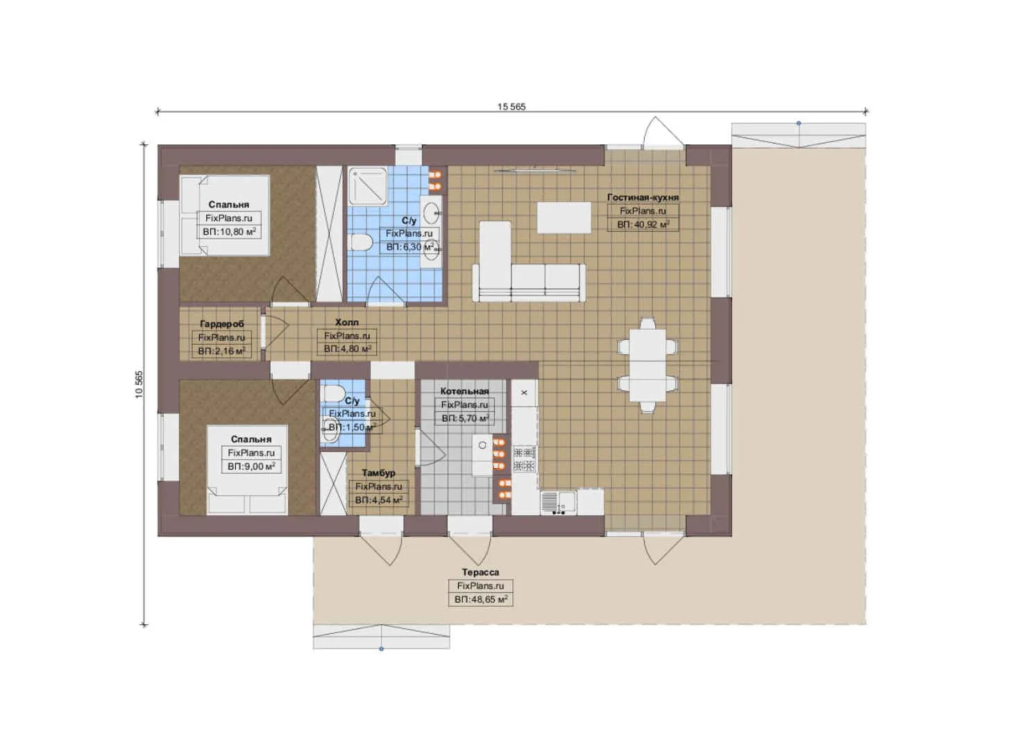 F-13778 - План одноэтажного дома 11 на 16, площадью 140 м² с террасой и 2 спальнями