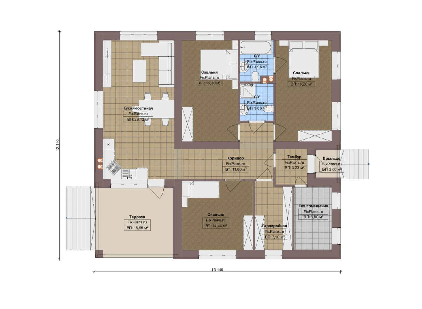 F-18170 - План одноэтажного дома 13 на 14, площадью 130 м² с террасой и 3 спальнями