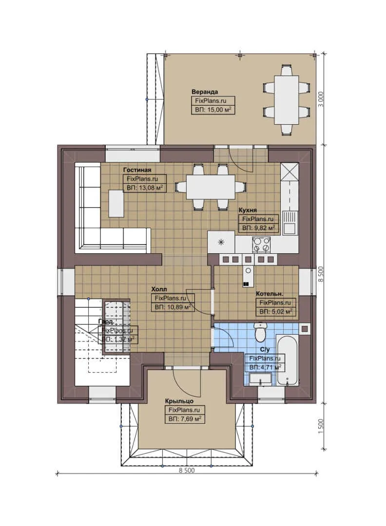 F-1196 - Планы дома с мансардой 9 на 9, площадью 120 м² с террасой и 2 спальнями