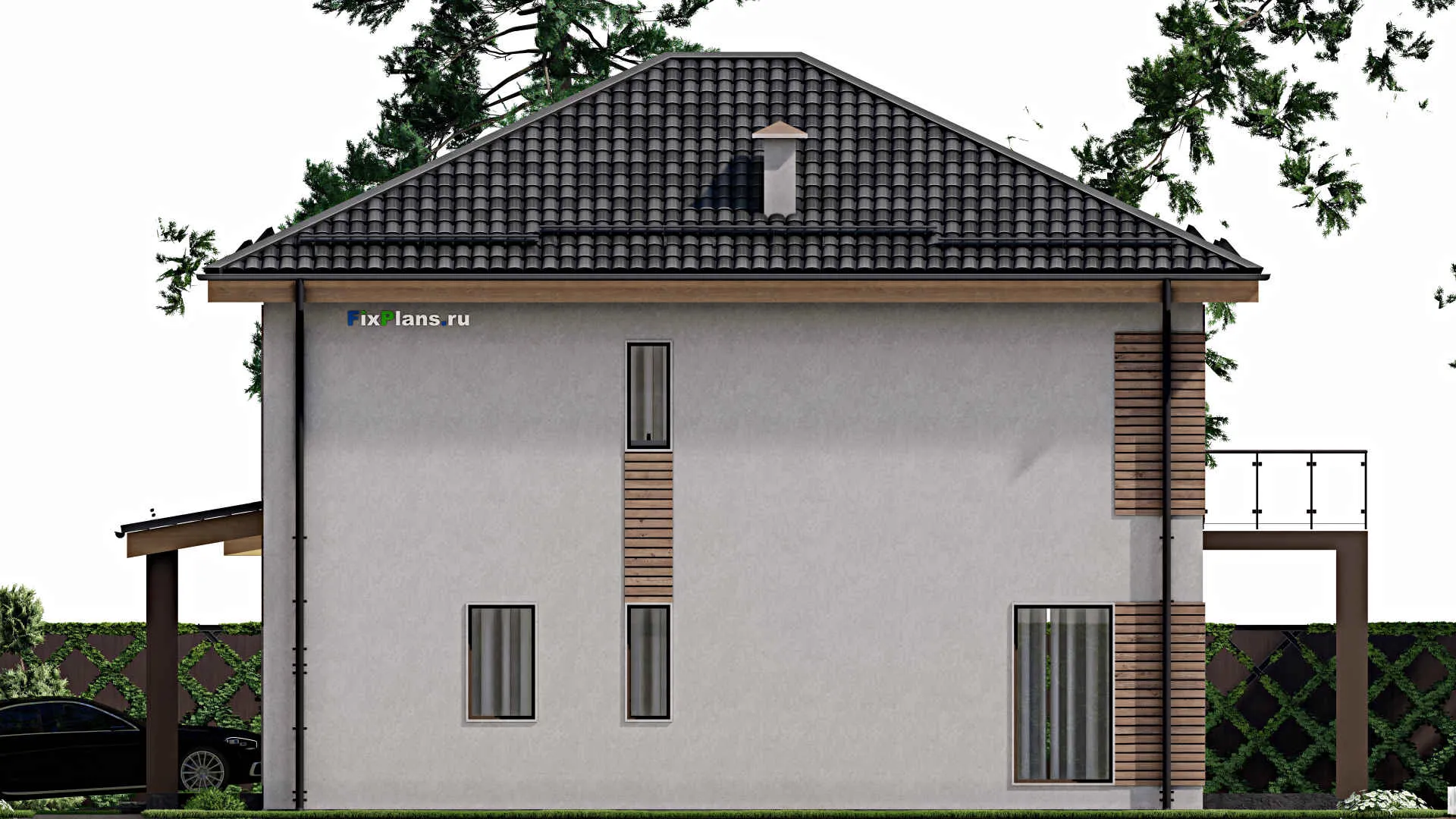 F-8522 - Проект двухэтажного дома 14 на 16, площадью 230 м² с террасой, балконом, гаражом на 1 машину и 5 спальнями