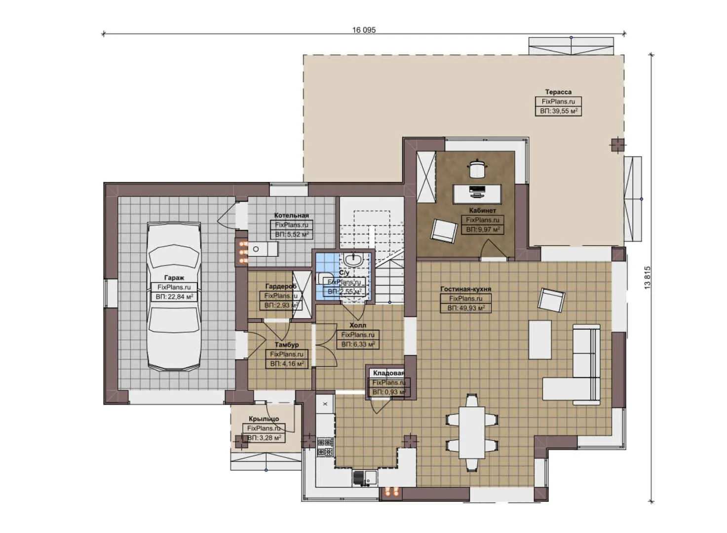 F-10241 - Планы двухэтажного дома 14 на 17, площадью 220 м² с террасой, гаражом на 1 машину и 3 спальнями
