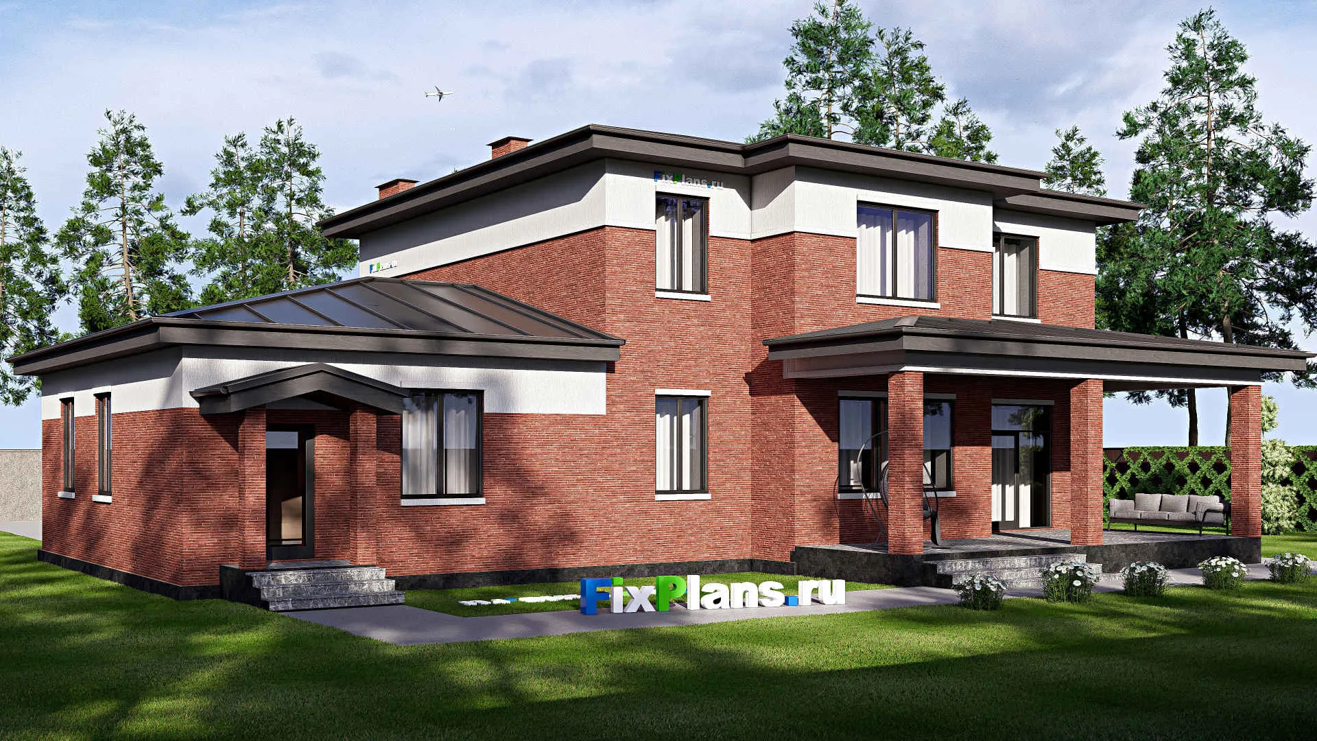 F-19178 - Планы двухэтажного дома 18 на 21, площадью 320 м² с гаражом на 2 машины и 4 спальнями