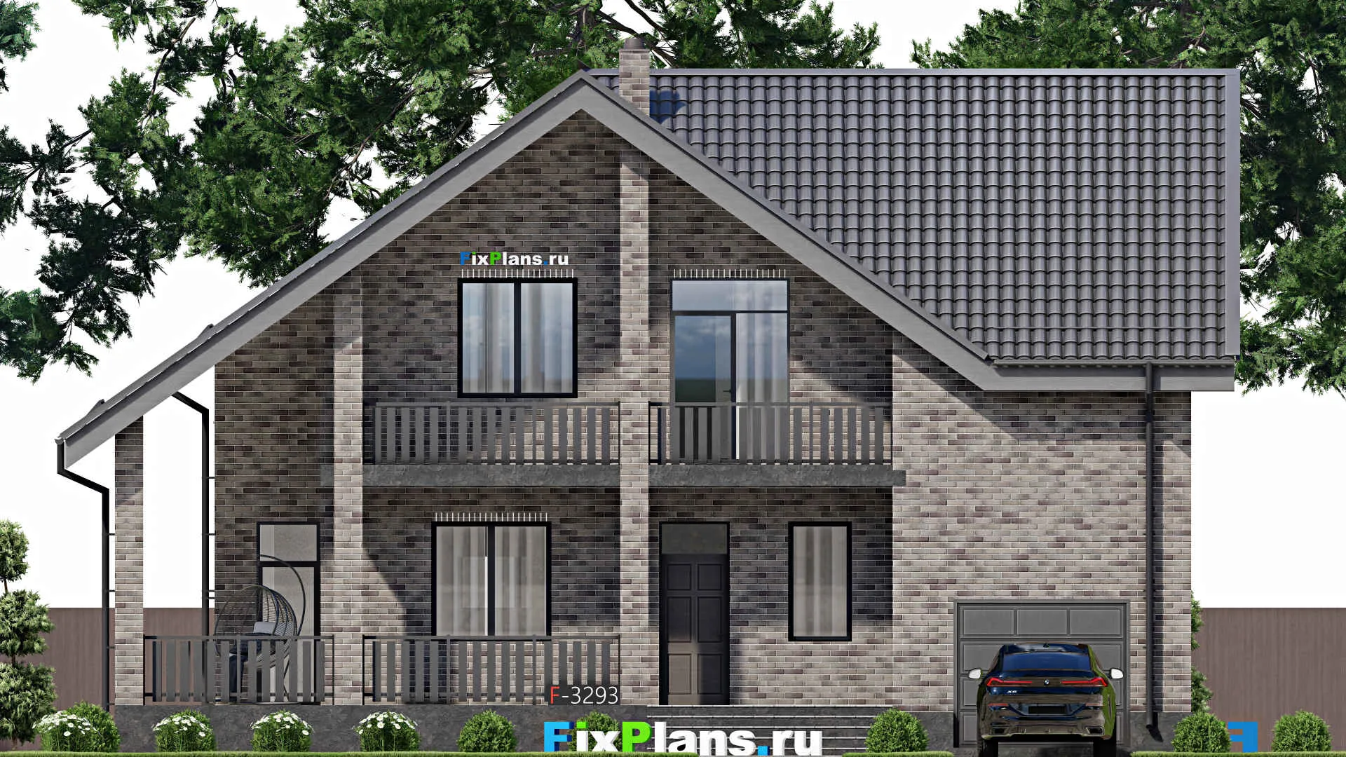 F-3293 - Планы дома с мансардой 13 на 14, площадью 250 м² с террасой, балконом, гаражом на 1 машину, спортзалом и 4 спальнями