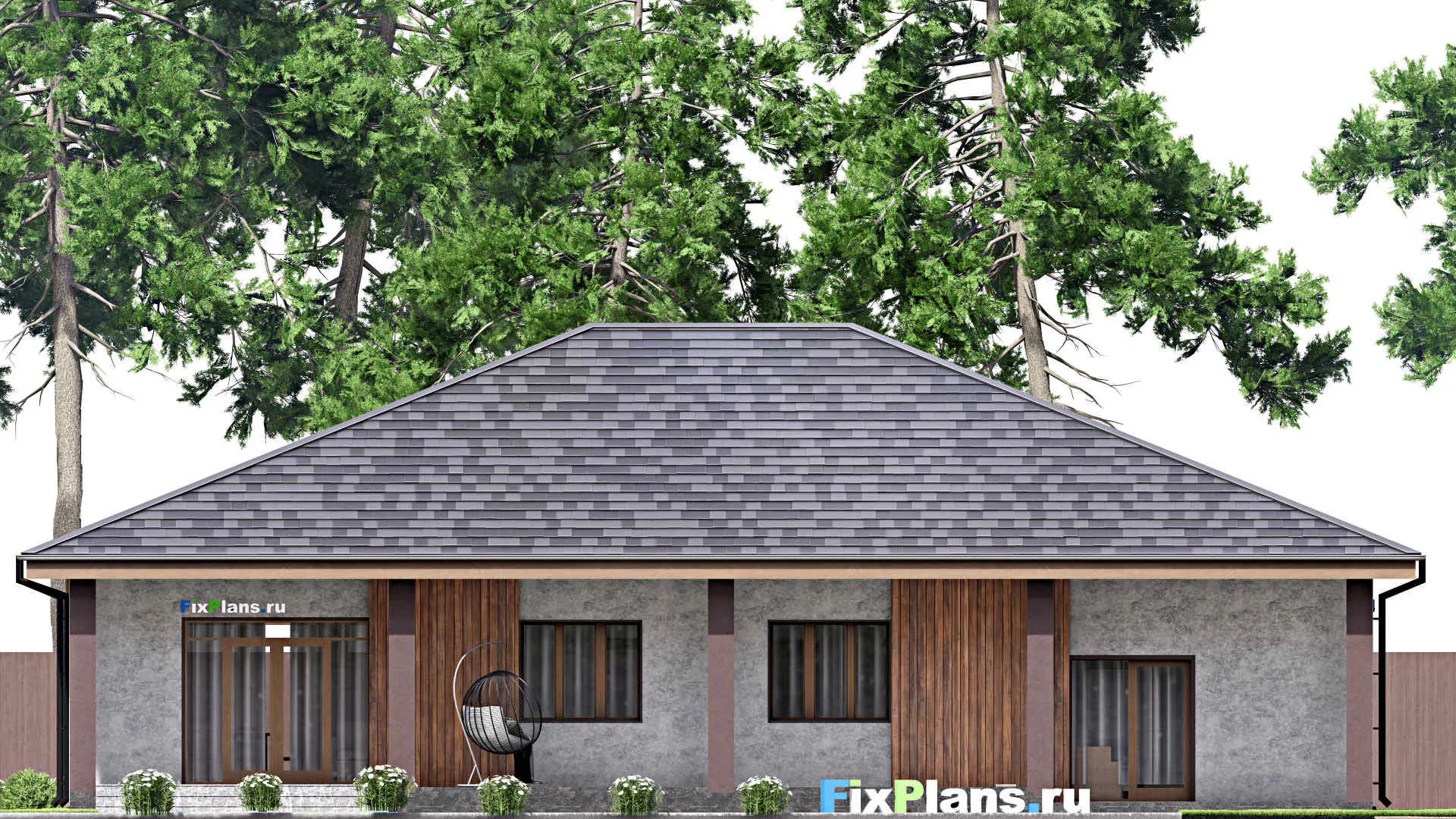 F-12914 - Проект одноэтажного дома 17 на 20, площадью 360 м² с террасой, цокольным этажом, баней, гаражом на 1 машину и 2 спальнями