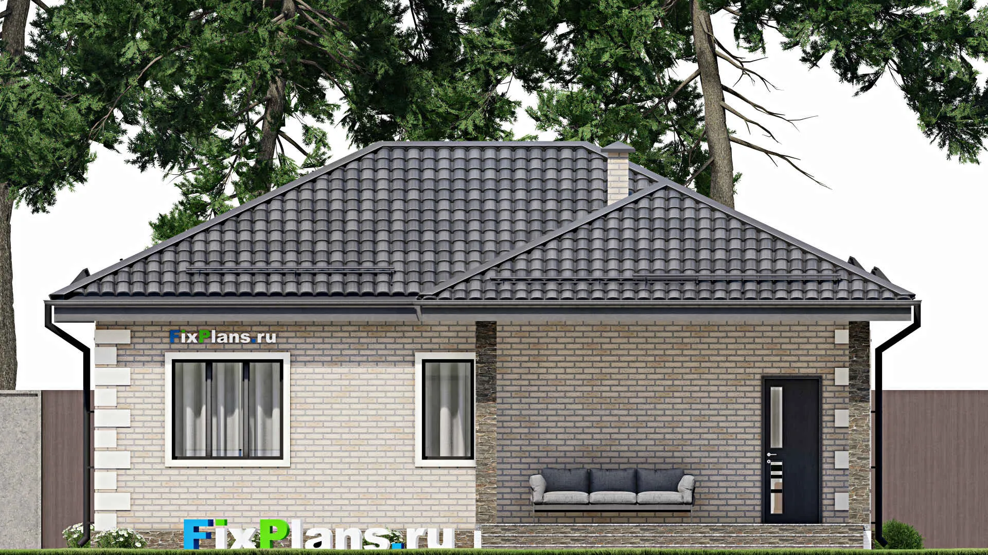 F-5768 - План одноэтажного дома 9 на 12, площадью 80 м² с террасой и 2 спальнями