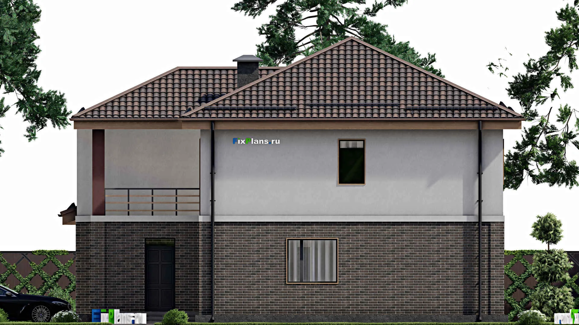 F-7568 - Проект двухэтажного дома 14 на 16, площадью 230 м² с балконом, гаражом на 1 машину и 3 спальнями