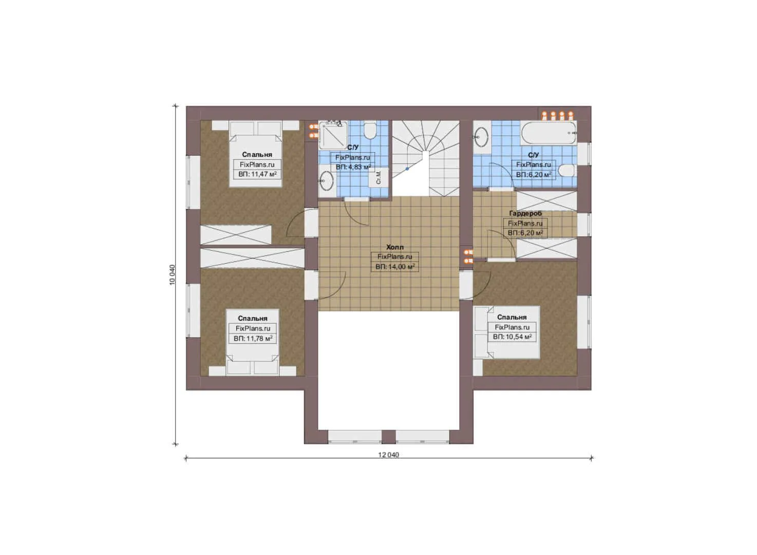 F-20231 - Планы дома с мансардой 12 на 14, площадью 160 м² с 5 спальнями
